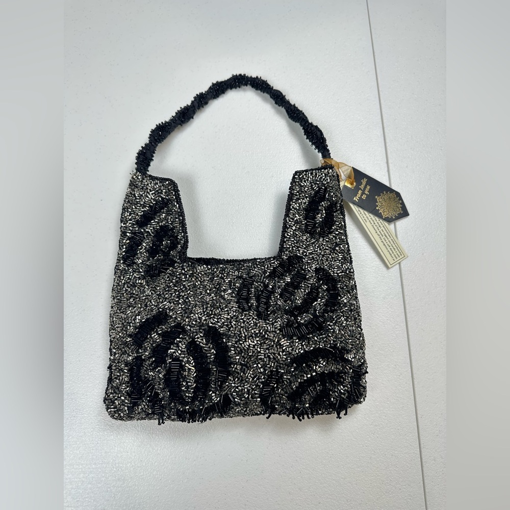 New RARE From India to You Beaded Bag Silver With Black‎  Flowers Viral TikTok